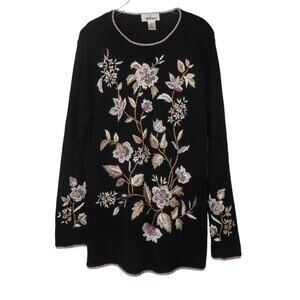 Worthington Vintage Black Floral Embroidered Knit Sweater Grandmacore Medium